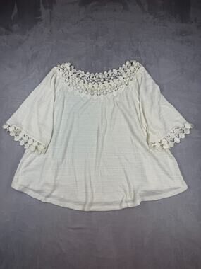 Rose & Thyme Women's XL White Embroidered Trim 3/4 Sleeve Cotton Gauze Top